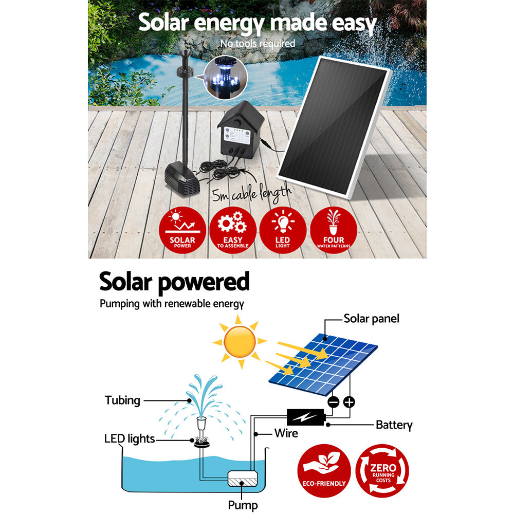 Gardeon Solar Pond Pump Submersible Water Fountain with Battery Kit LED Lights 4FT 4