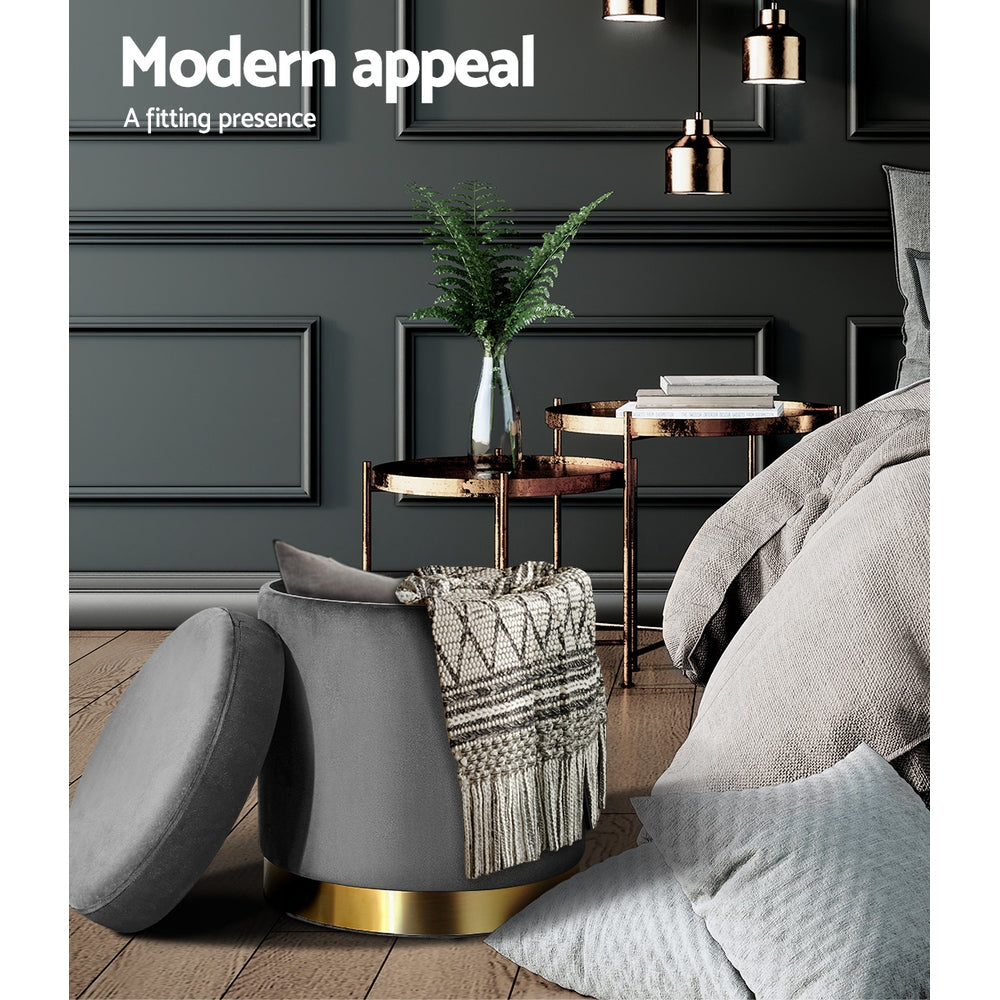 Artiss Ottoman Storage Foot Stool Round Velvet Charcoal 4