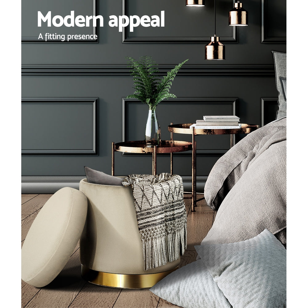 Artiss Ottoman Storage Foot Stool Round Velvet Cream 4