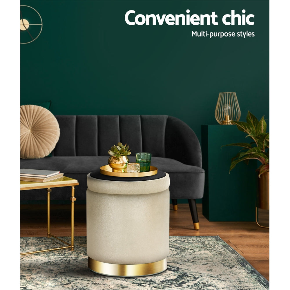 Artiss Ottoman Storage Foot Stool Round Velvet Cream 6