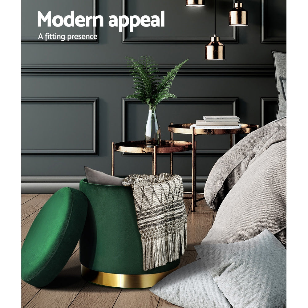 Artiss Ottoman Storage Foot Stool Round Velvet Green 4