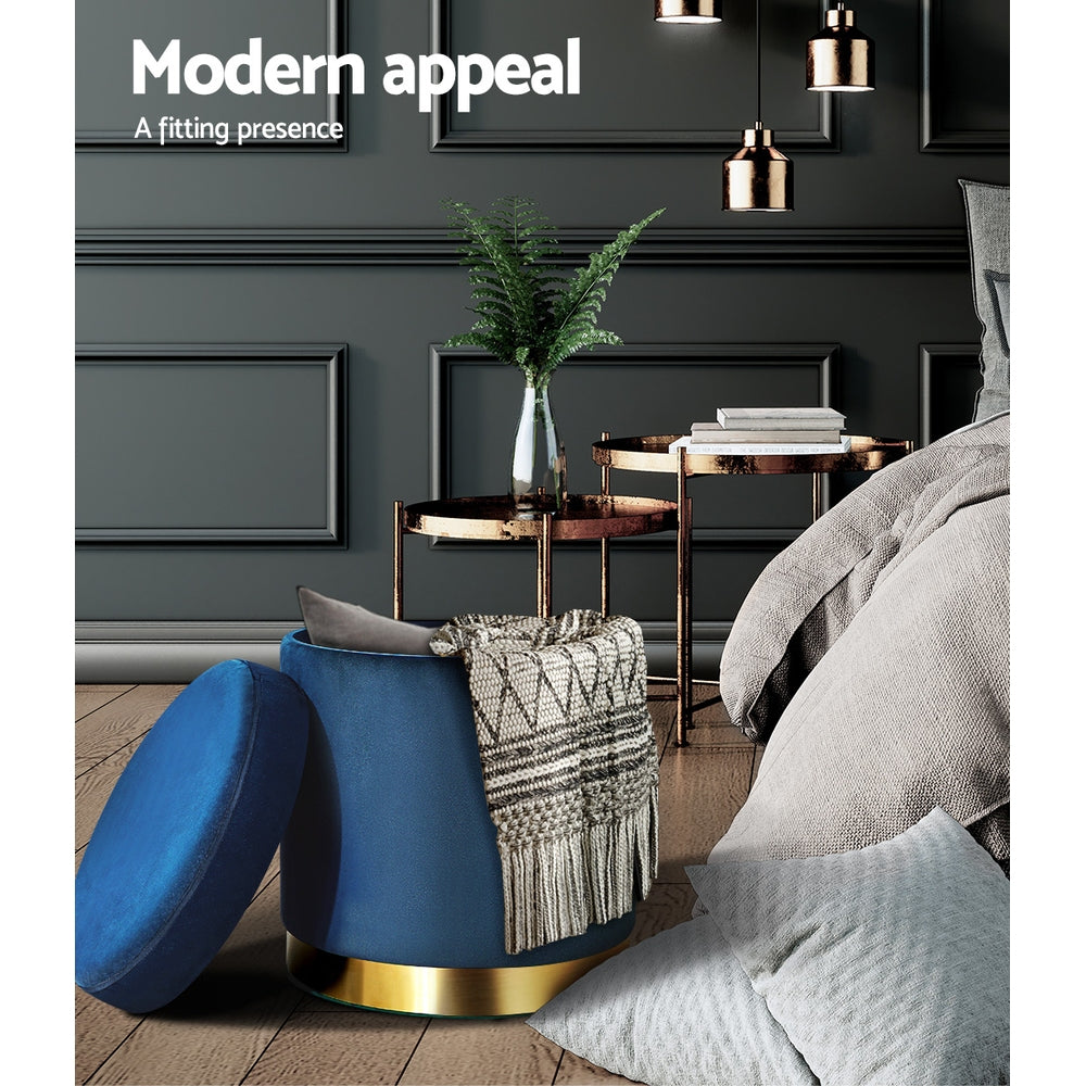 Artiss Ottoman Storage Foot Stool Round Velvet Navy 4