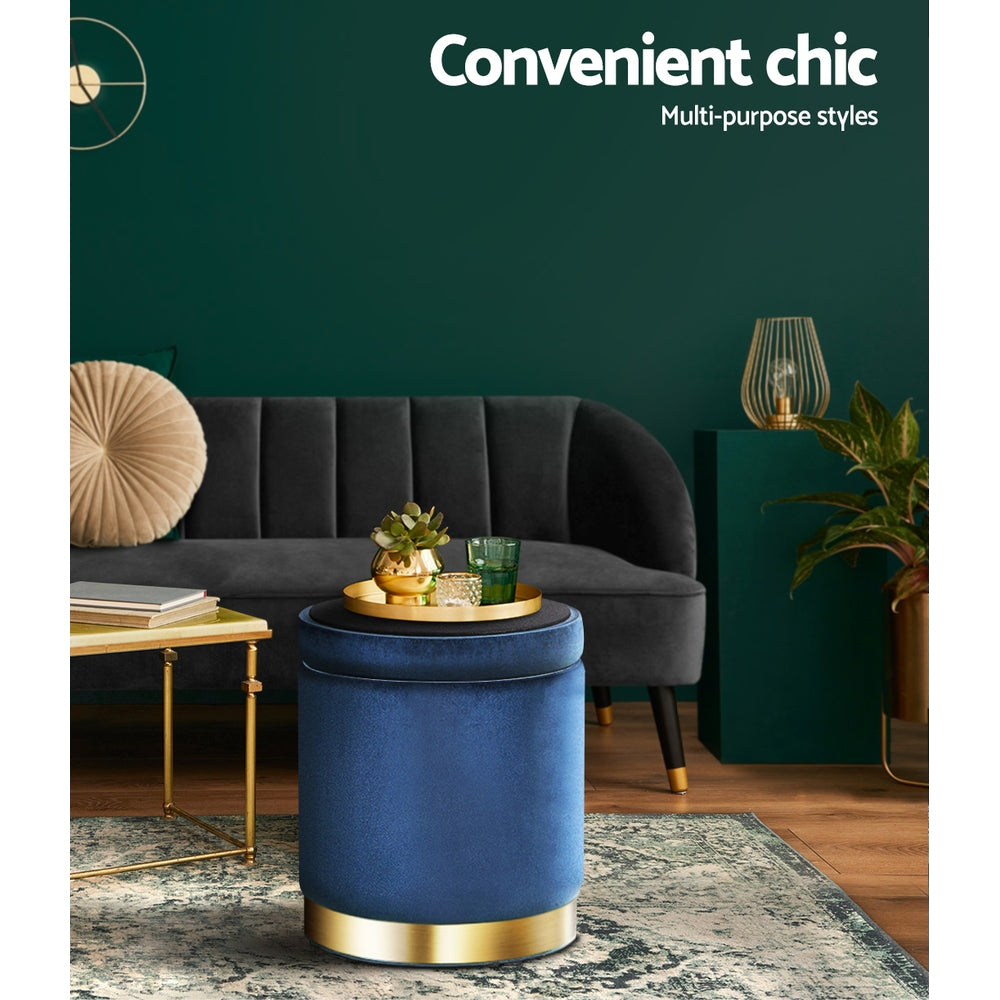 Artiss Ottoman Storage Foot Stool Round Velvet Navy 6