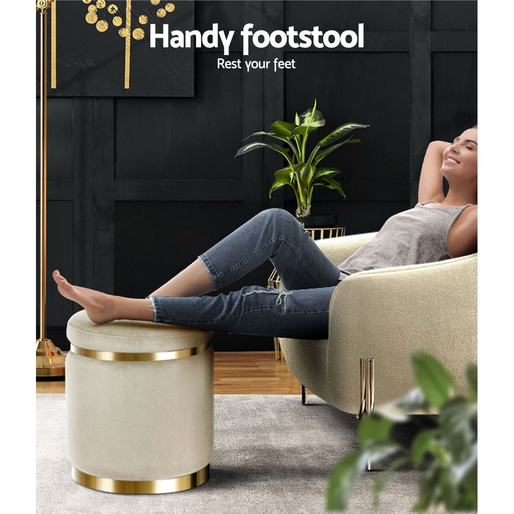 Artiss Ottoman Foot Stool Round Velvet Cream 4
