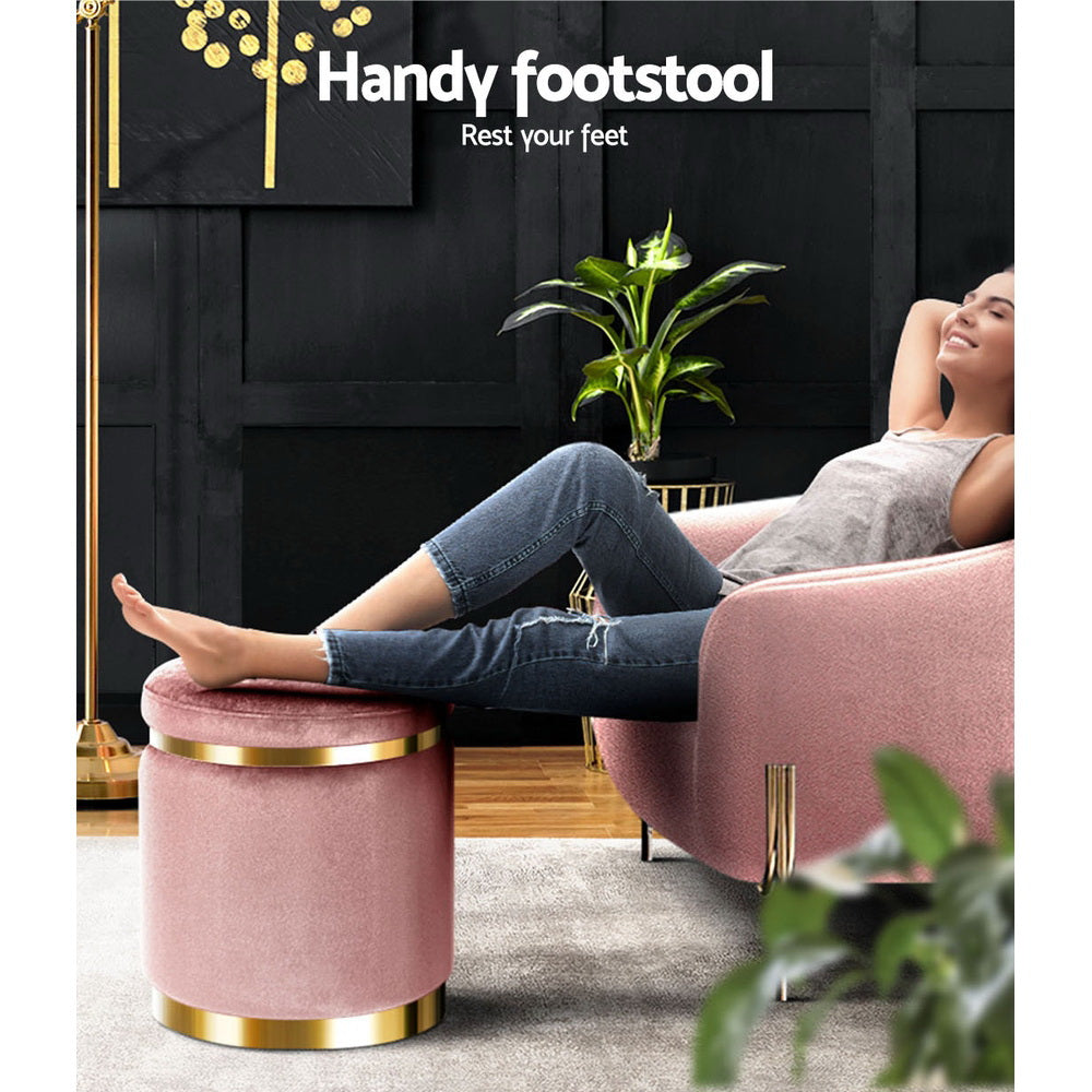 Artiss Ottoman Foot Stool Round Velvet Pink 4