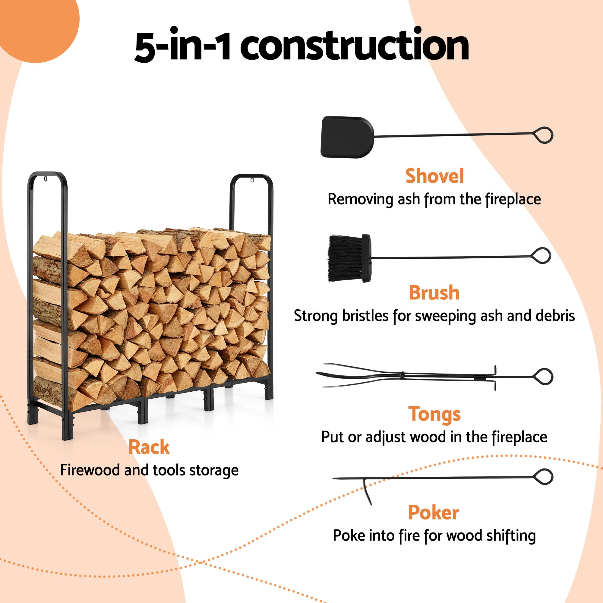 Gardeon Firewood Rack 120cm Wood Rack 3 Sizes Firewood Storage with Tools Black 4