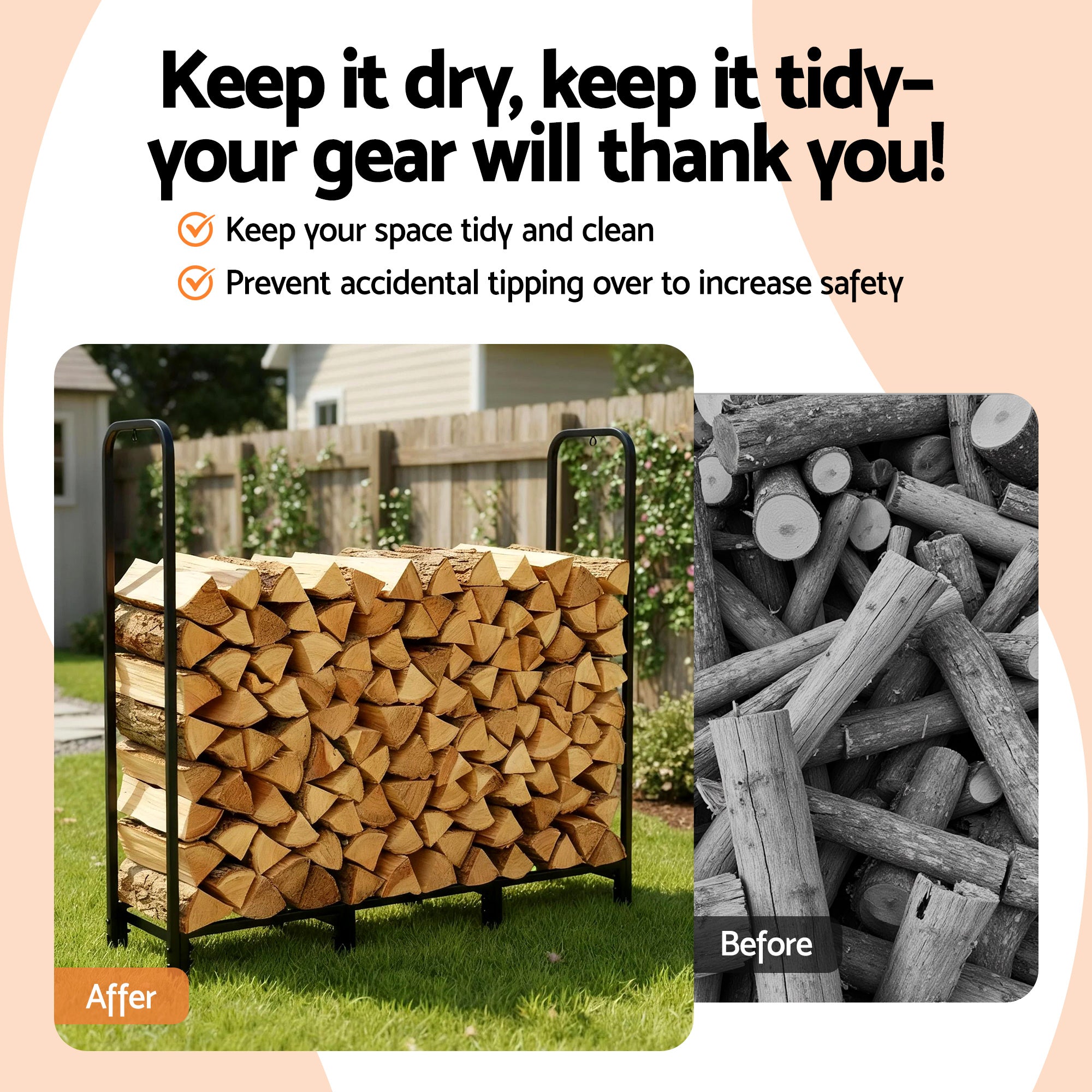 Gardeon Firewood Rack 120cm Wood Rack 3 Sizes Firewood Storage with Tools Black 6