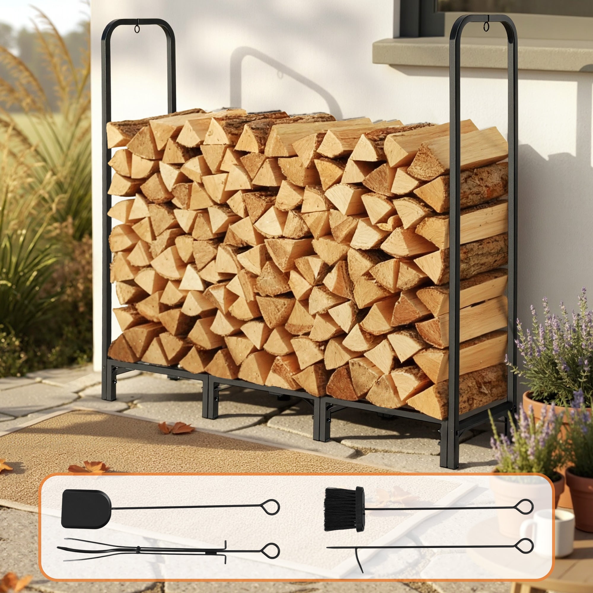 Gardeon Firewood Rack 120cm Wood Rack 3 Sizes Firewood Storage with Tools Black 7