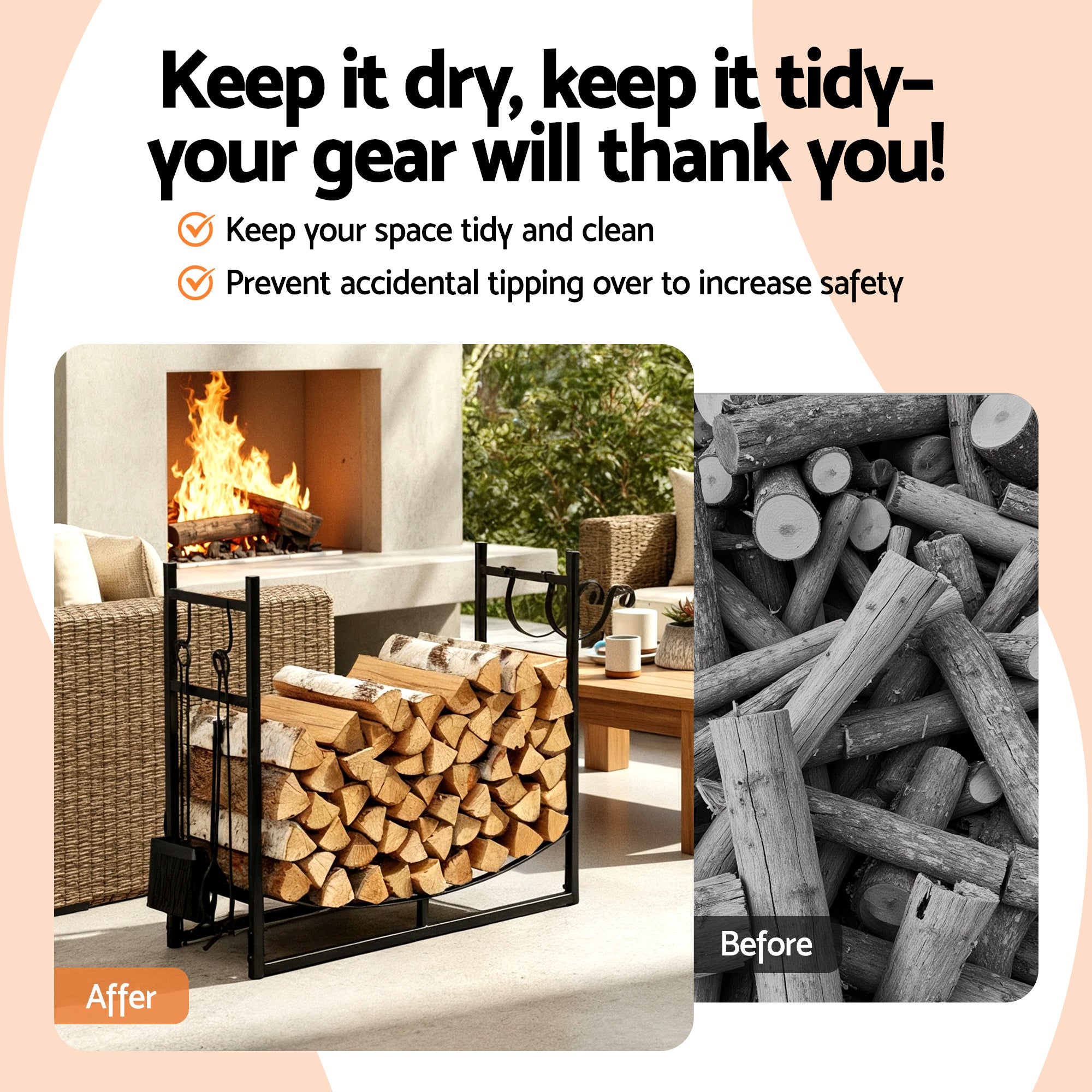 Gardeon Firewood Rack 84cm Wood Rack Firewood Storage Indoor Outdoor Black 5