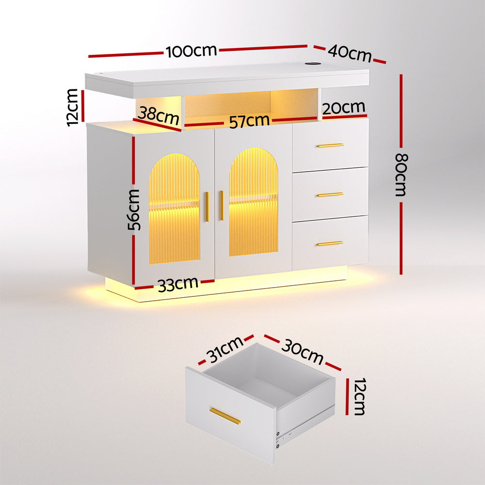 Artiss Buffet Sideboard Cabinet LED Clear Door Kitchen Storage Drawers White 3