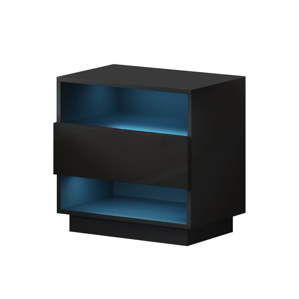 Artiss Bedside Table LED with 2 Shelves - HANA Black 7