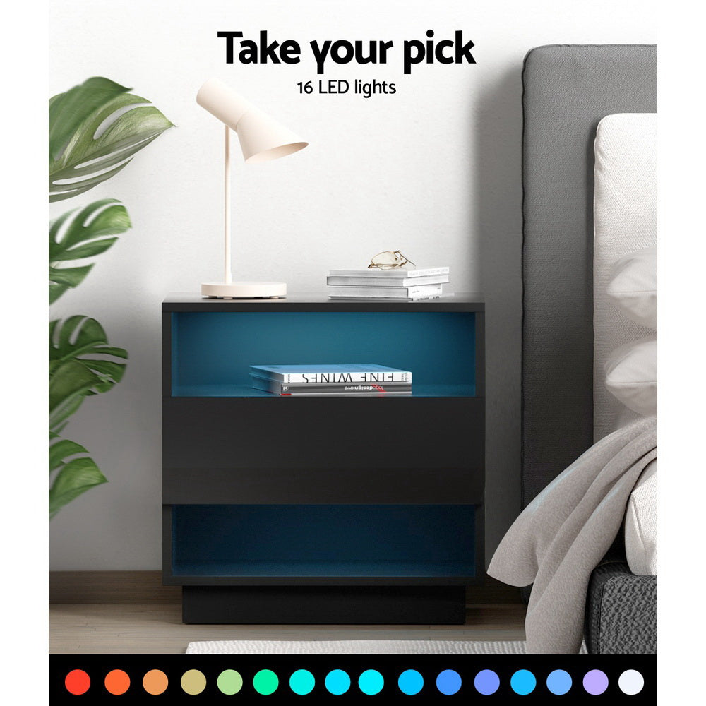 Artiss Bedside Table LED with 2 Shelves - HANA Black 4