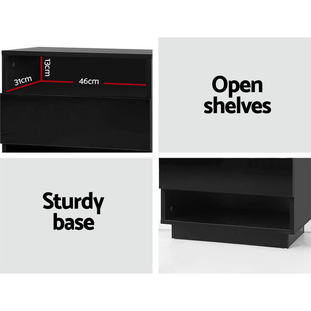 Artiss Bedside Table LED with 2 Shelves - HANA Black 5
