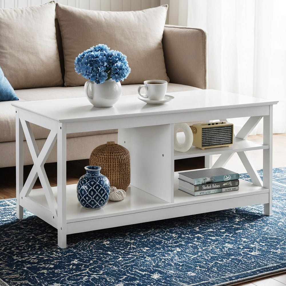 Artiss Coffee Table Storage Shelf White 7
