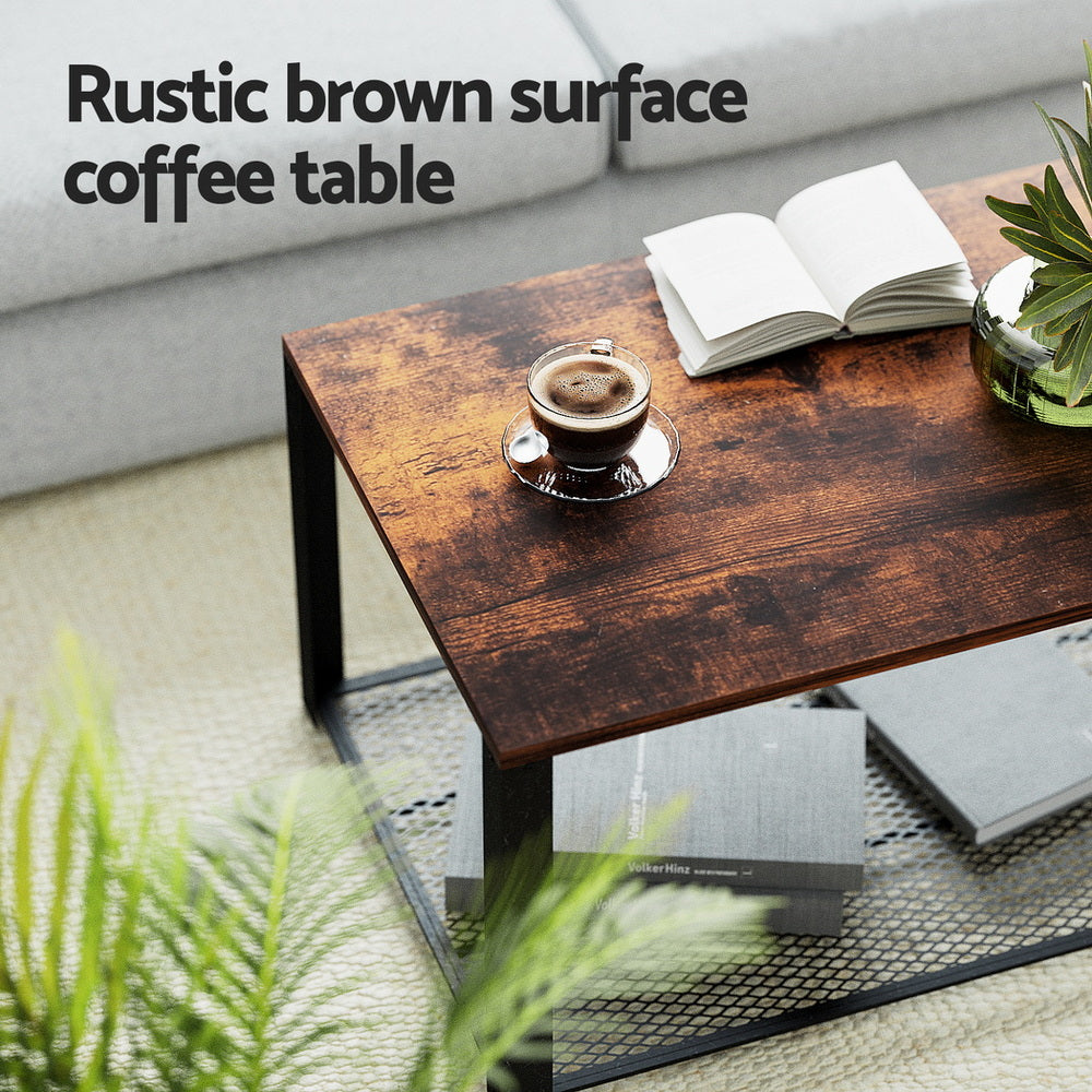 Artiss Coffee Table 2-Tier Rustic Brown 104CM 4