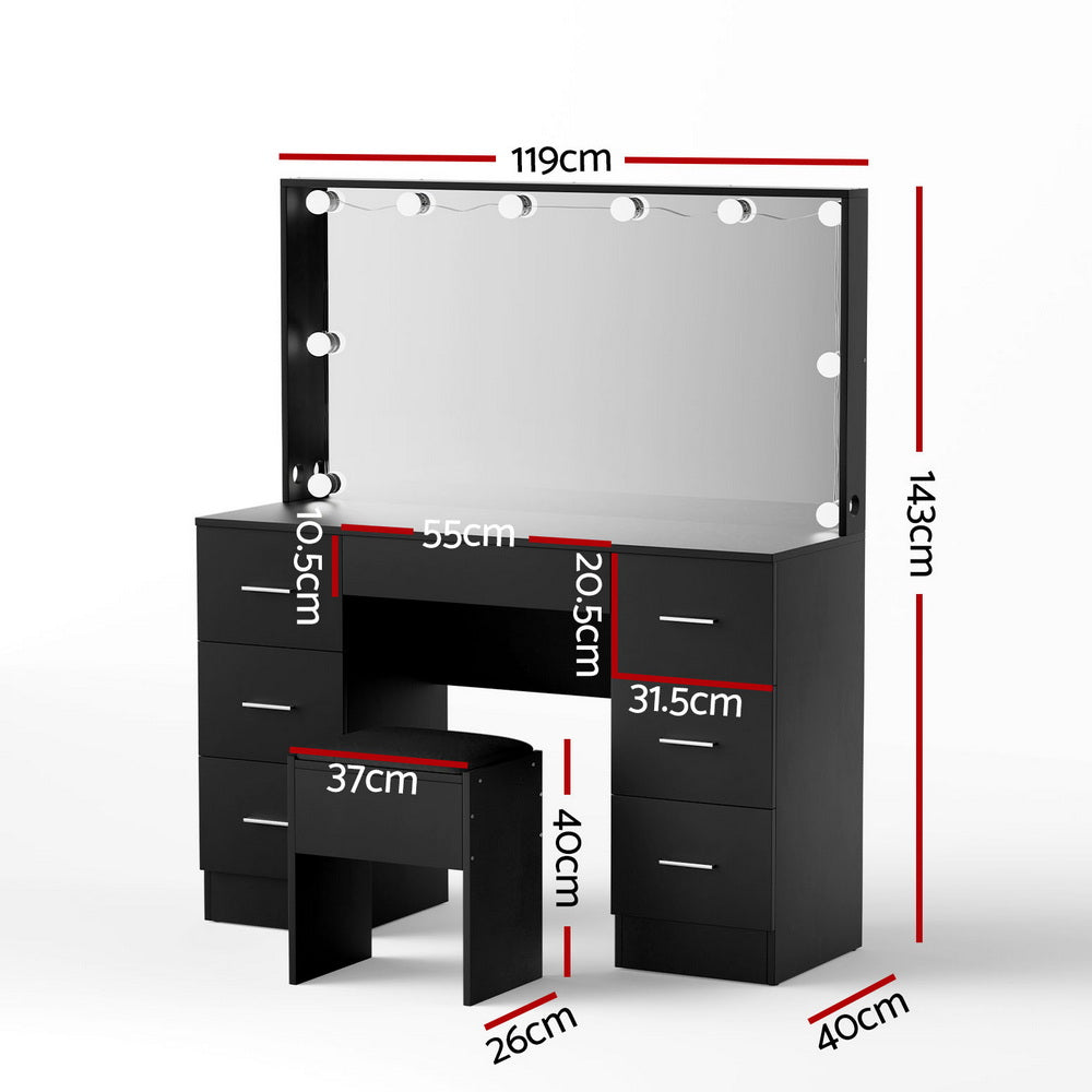 Artiss Dressing Table Vanity Desk Set Stool 10 Led Bulbs Black 3