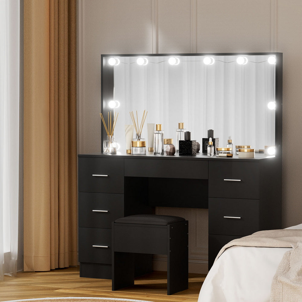 Artiss Dressing Table Vanity Desk Set Stool 10 Led Bulbs Black 8