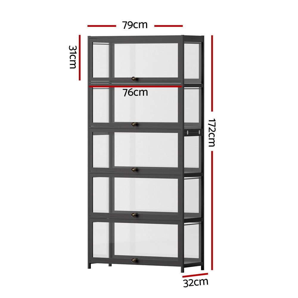 Artiss 5-Tier Display Cabinet Storage Bookshelf Clear Shelf Black 3