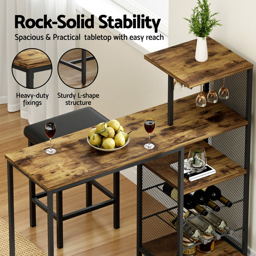 Artiss Industrial Bar Table with Wine Rack Cup Holder Multi-Level Storage 122cm Walnut 5