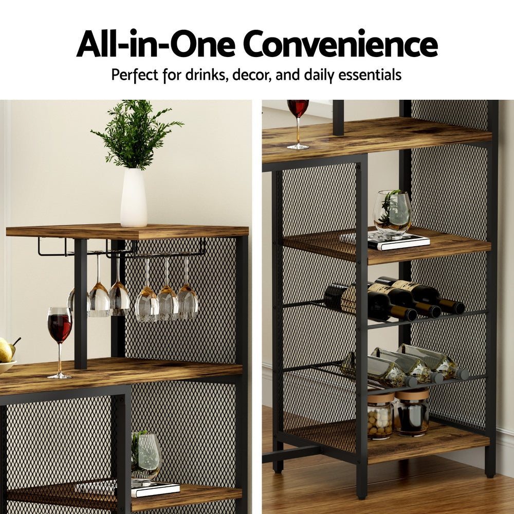 Artiss Industrial Bar Table with Wine Rack Cup Holder Multi-Level Storage 122cm Walnut 6