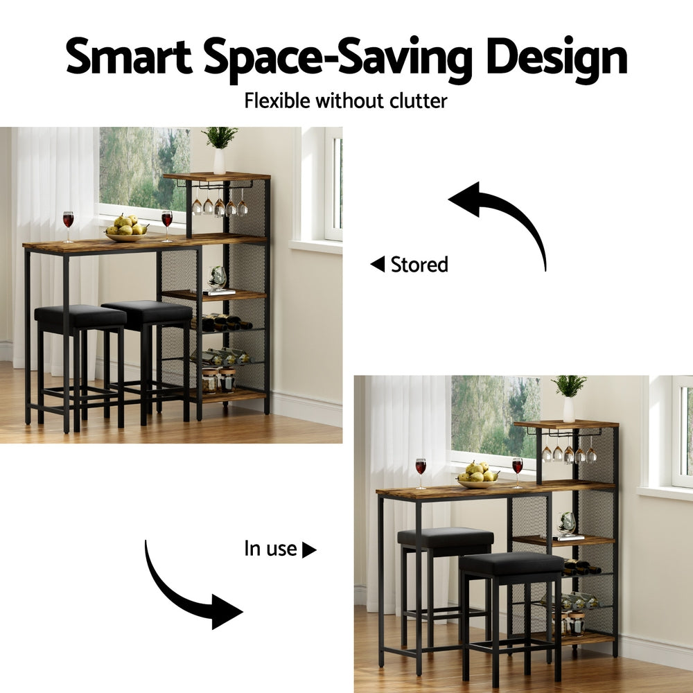 Artiss Industrial Bar Table with Wine Rack Cup Holder Multi-Level Storage 122cm Walnut 7