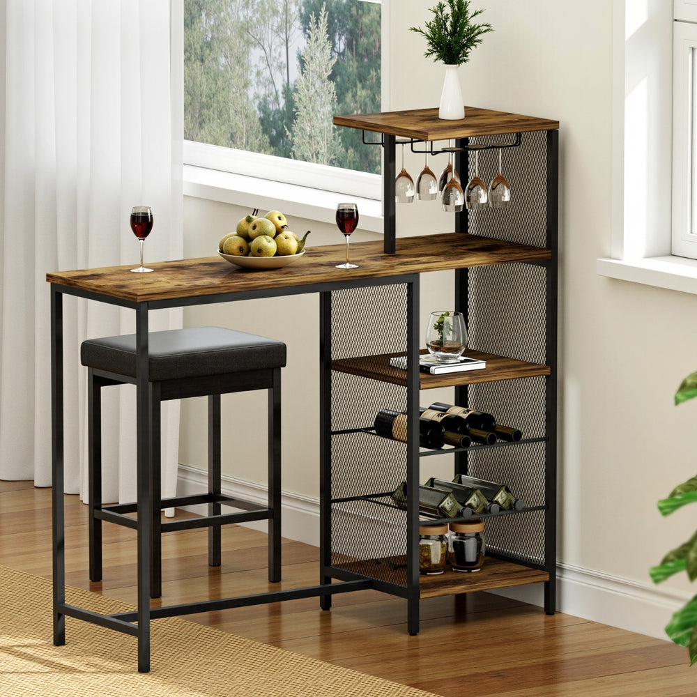 Artiss Industrial Bar Table with Wine Rack Cup Holder Multi-Level Storage 122cm Walnut 8