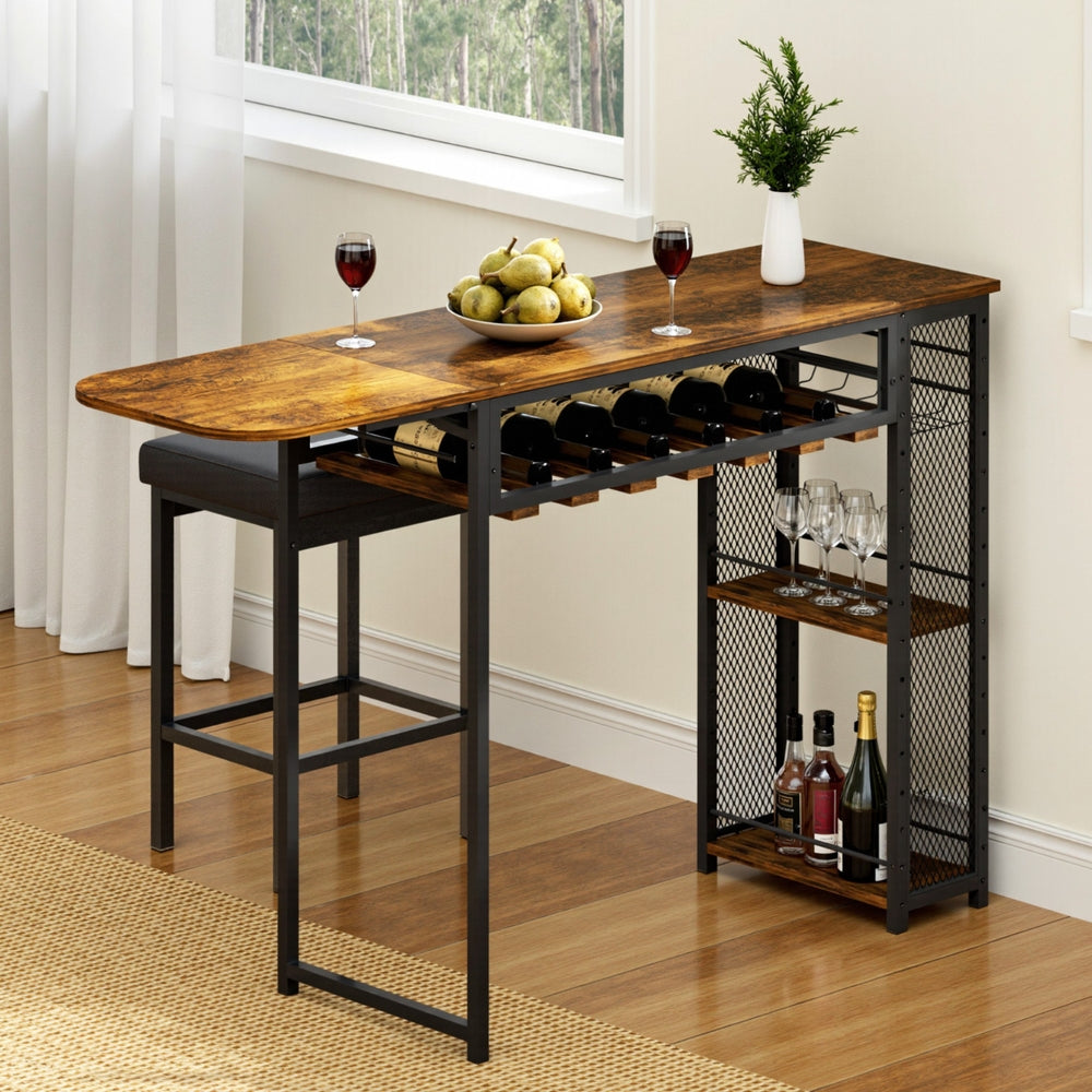 Artiss Industrial Bar Table with Wine Rack Built-in Cup Holder Extendable 140cm 8