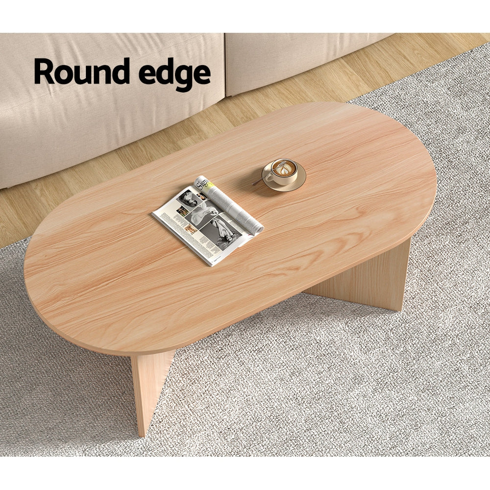 Artiss Coffee Table Oval 110CM Pine Alva 4