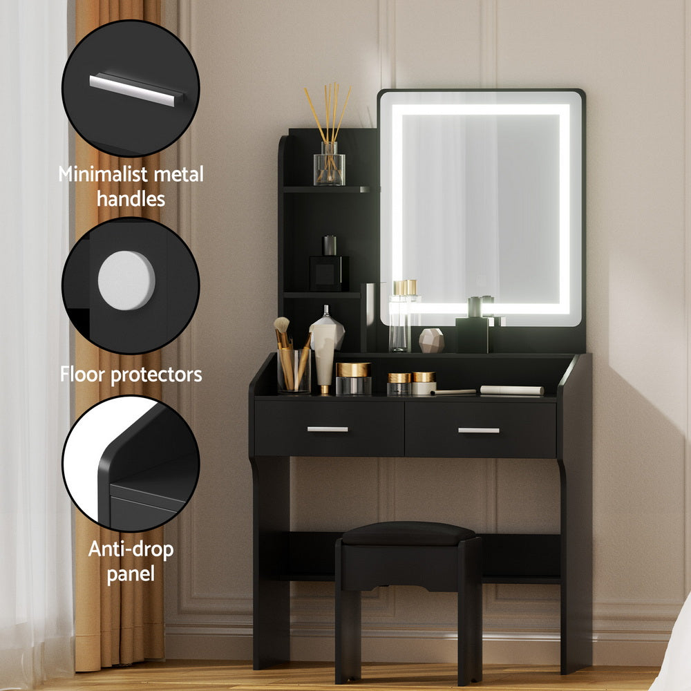 Artiss Dressing Table Set Stool Led Black 7