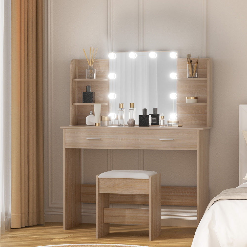 Artiss Dressing Table Set Stool 10 Led Bulbs Wood 8