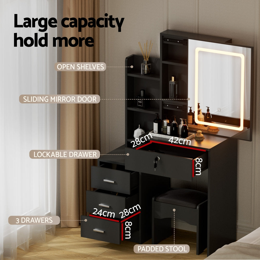 Artiss Dressing Table Vanity Desk Set Stool Led Black 6