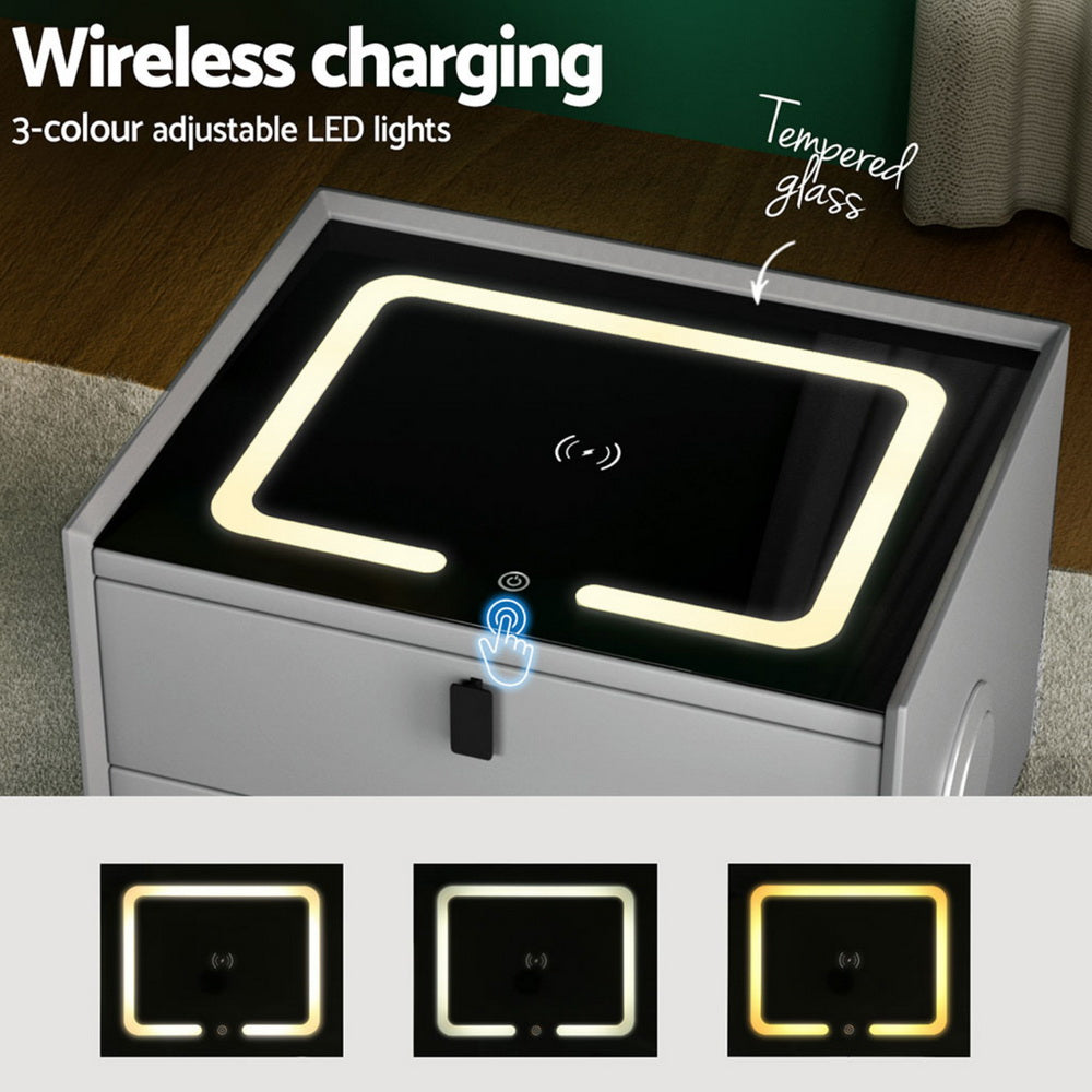 Artiss Smart Bedside Table with Wireless Charging - AIKA Grey 4