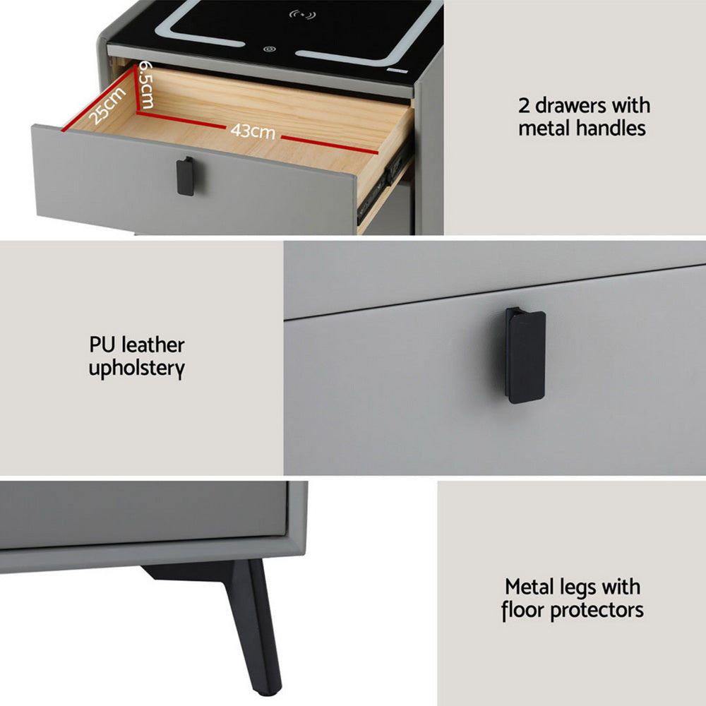 Artiss Smart Bedside Table with Wireless Charging - AIKA Grey 6