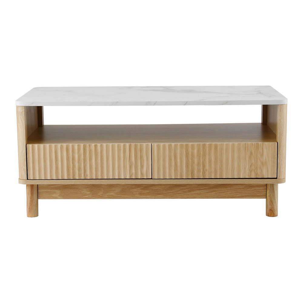 Artiss Coffee Table Drawer Shelf Marble Effect Wood&White 3