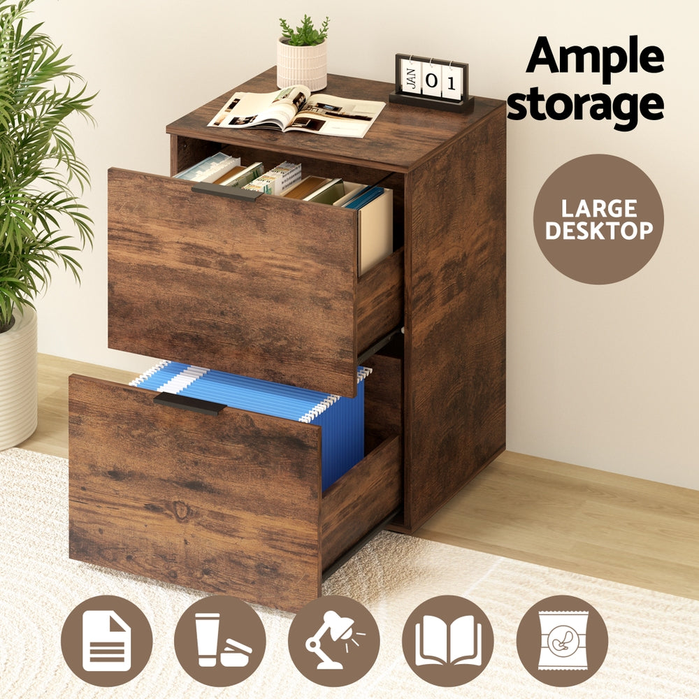 Artiss Filing Cabinet Files Storage Office Shelves File Organiser Rustic Brown 2 Drawer 5