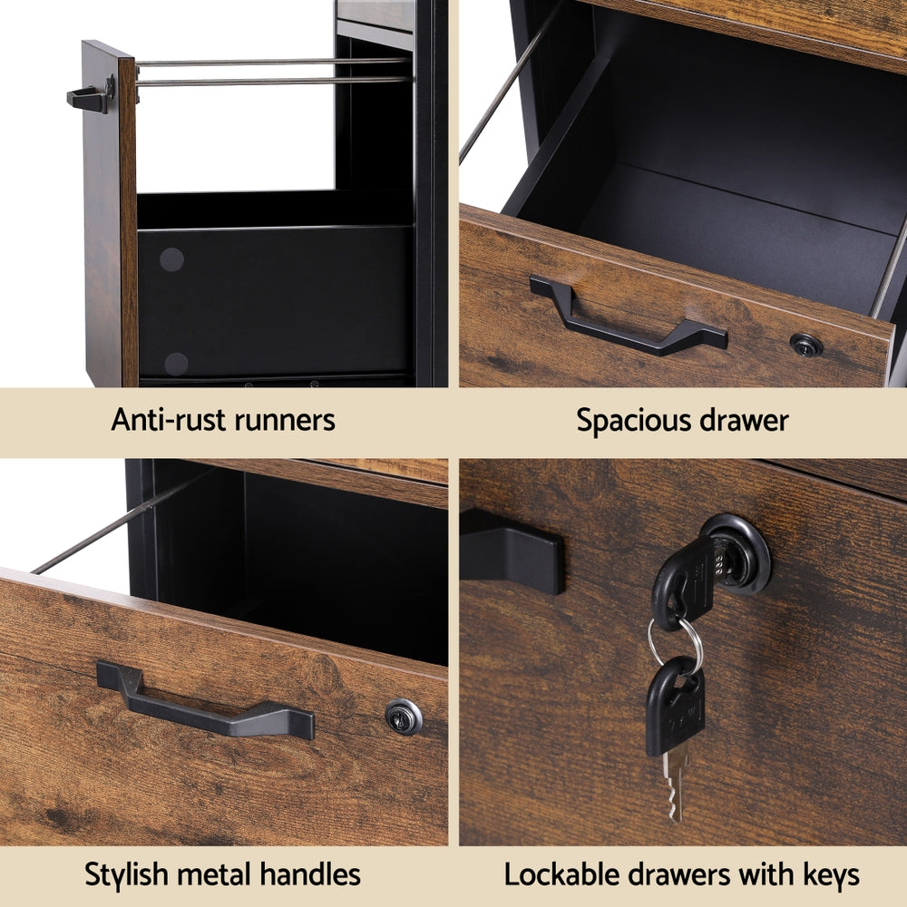 Artiss Filing Cabinet File Cabinet with Wheels 2 Drawer Storage Rustic Brown 7