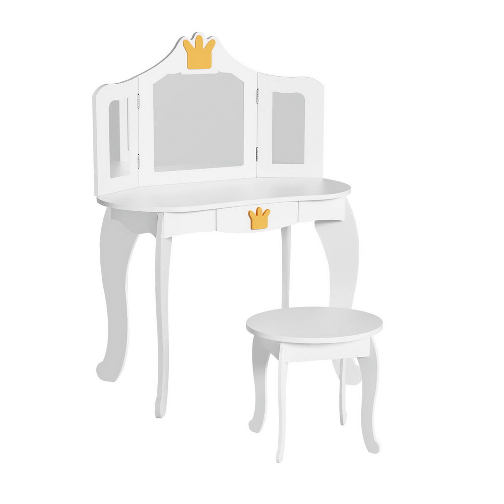 Keezi Kids Dressing Table Vanity Makeup Chair Set Wooden 3 Mirror Drawer White 3