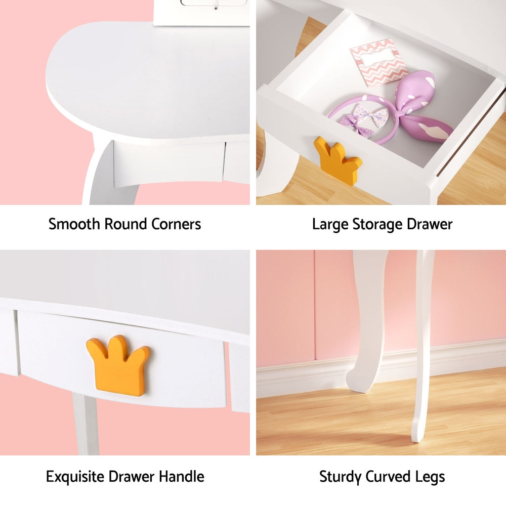 Keezi Kids Dressing Table Vanity Makeup Chair Set Wooden 3 Mirror Drawer White 7
