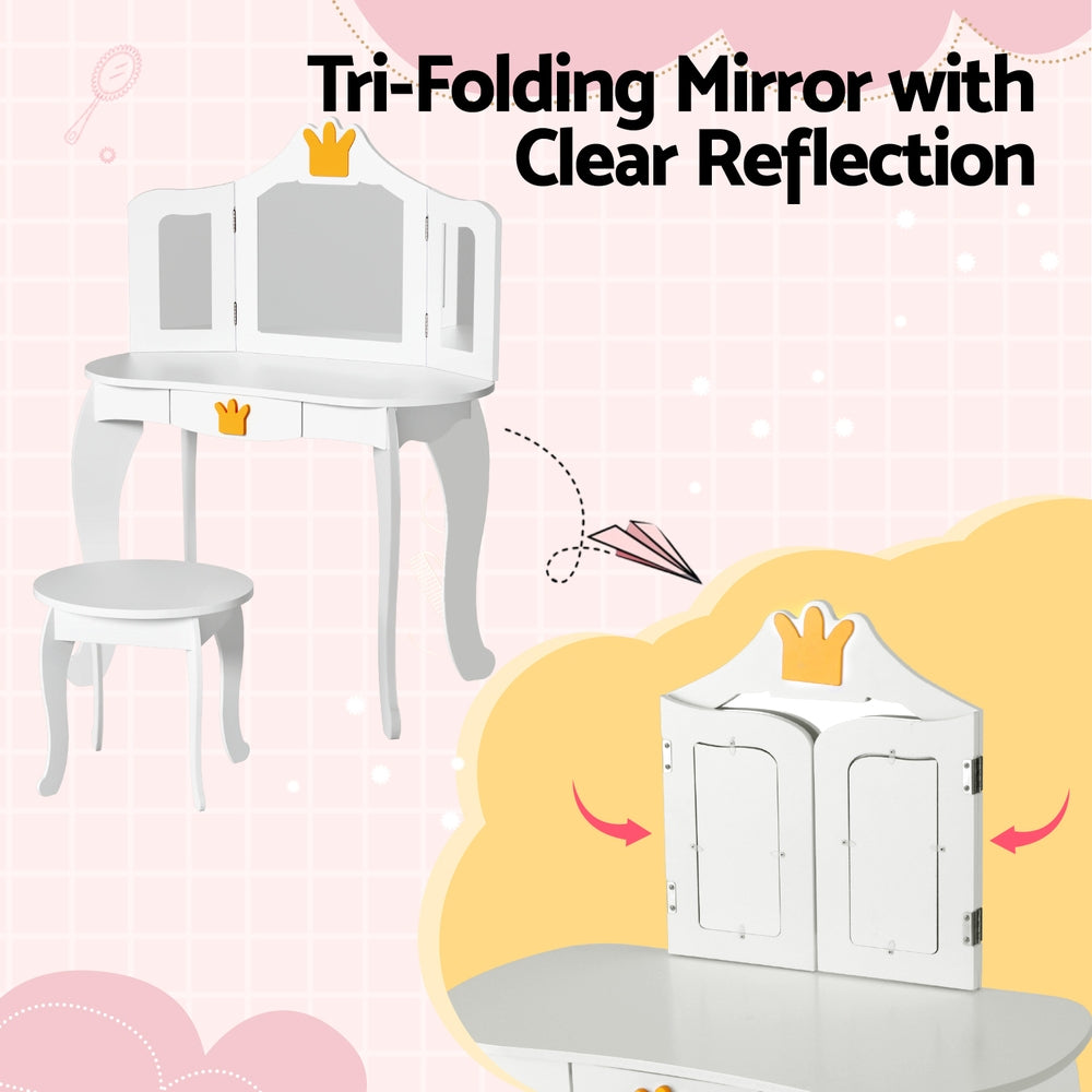 Keezi Kids Dressing Table Vanity Makeup Chair Set Wooden 3 Mirror Drawer White 8