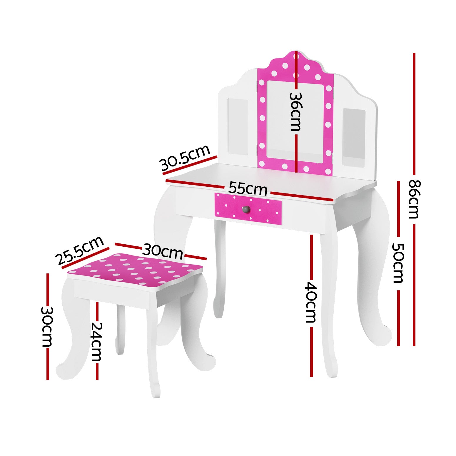 Keezi Kids Dressing Table Vanity Makeup Chair Set Wooden 3 Mirror Drawer Pink 4
