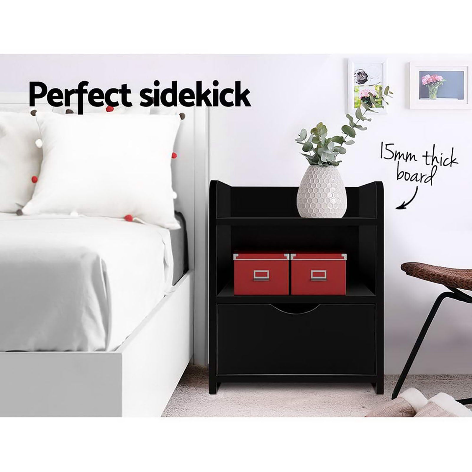 Artiss 2X Bedside Table 1 Drawer with Shelf - FARA Black 3