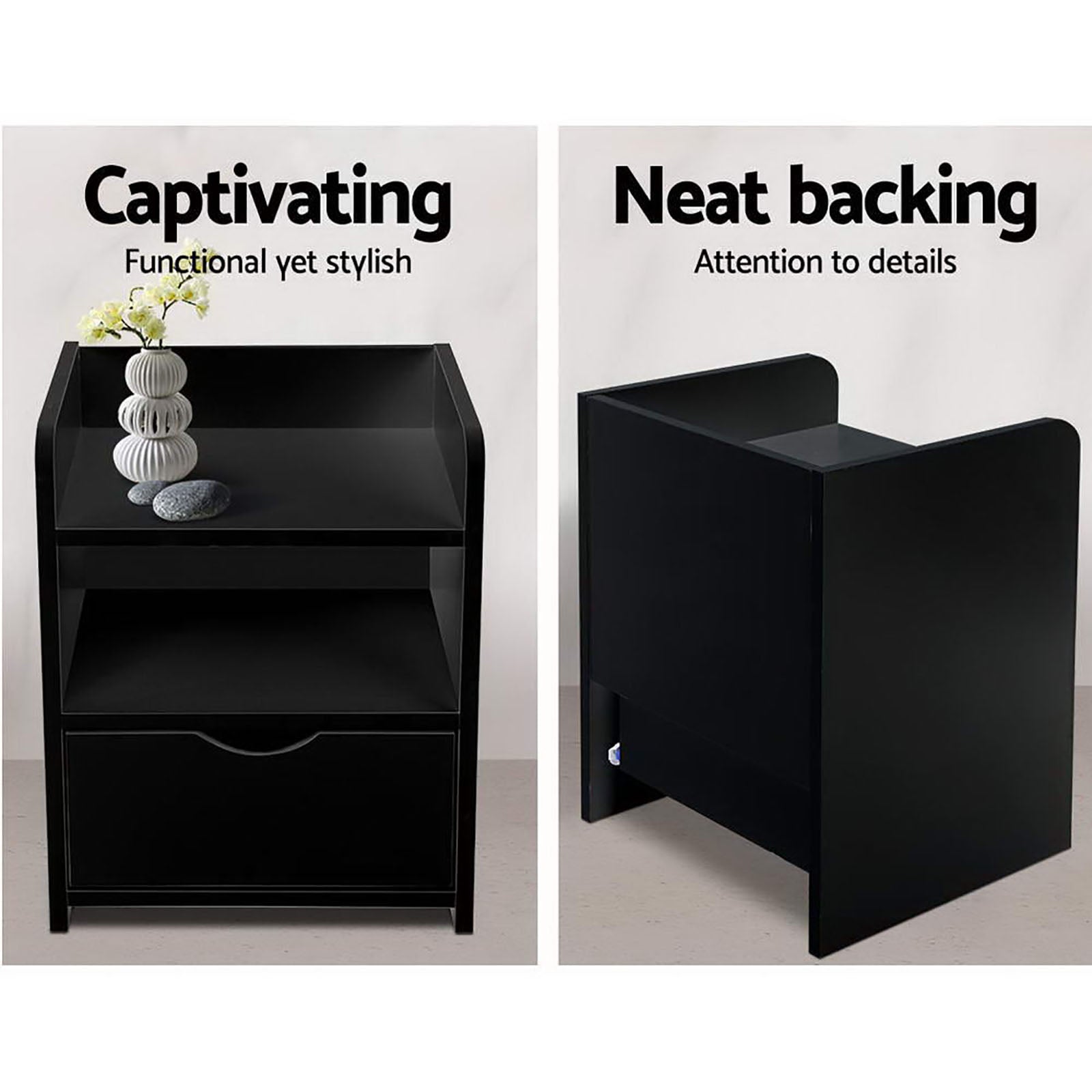 Artiss 2X Bedside Table 1 Drawer with Shelf - FARA Black 4