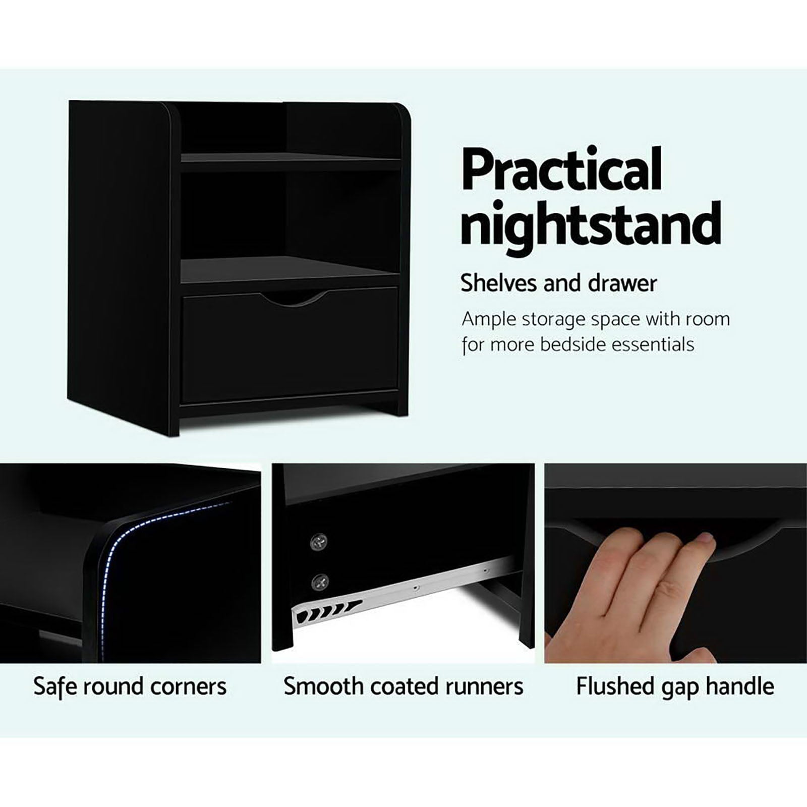 Artiss 2X Bedside Table 1 Drawer with Shelf - FARA Black 5