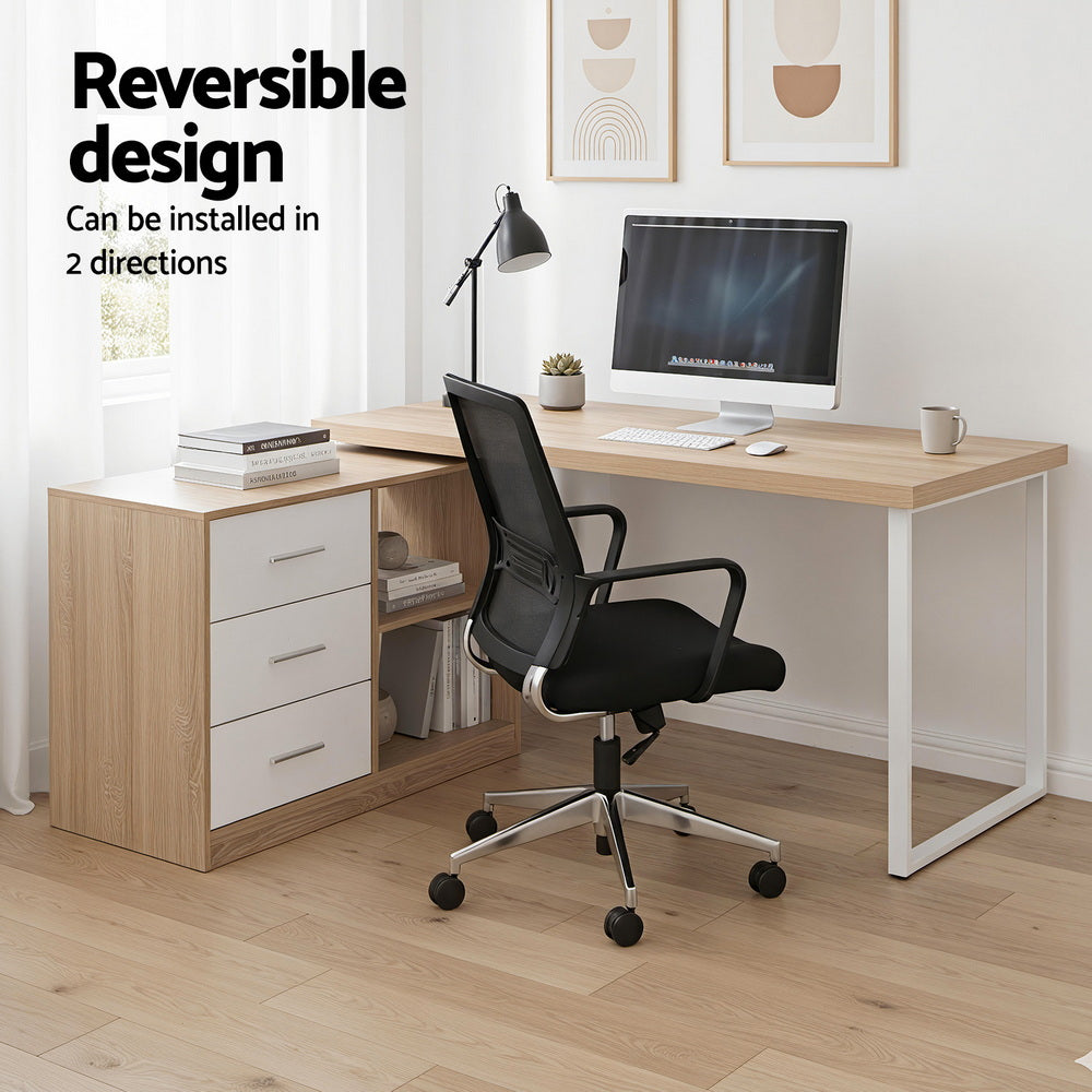 Artiss Computer Desk Swivelling L shape Home Office Storage Cabinet Oak 4