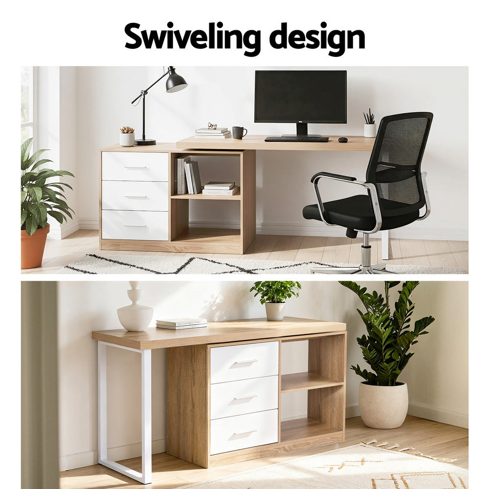 Artiss Computer Desk Swivelling L shape Home Office Storage Cabinet Oak 5