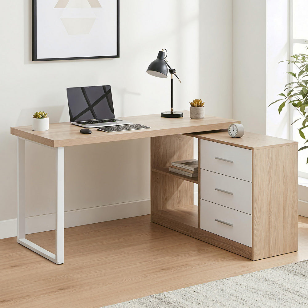 Artiss Computer Desk Swivelling L shape Home Office Storage Cabinet Oak 7