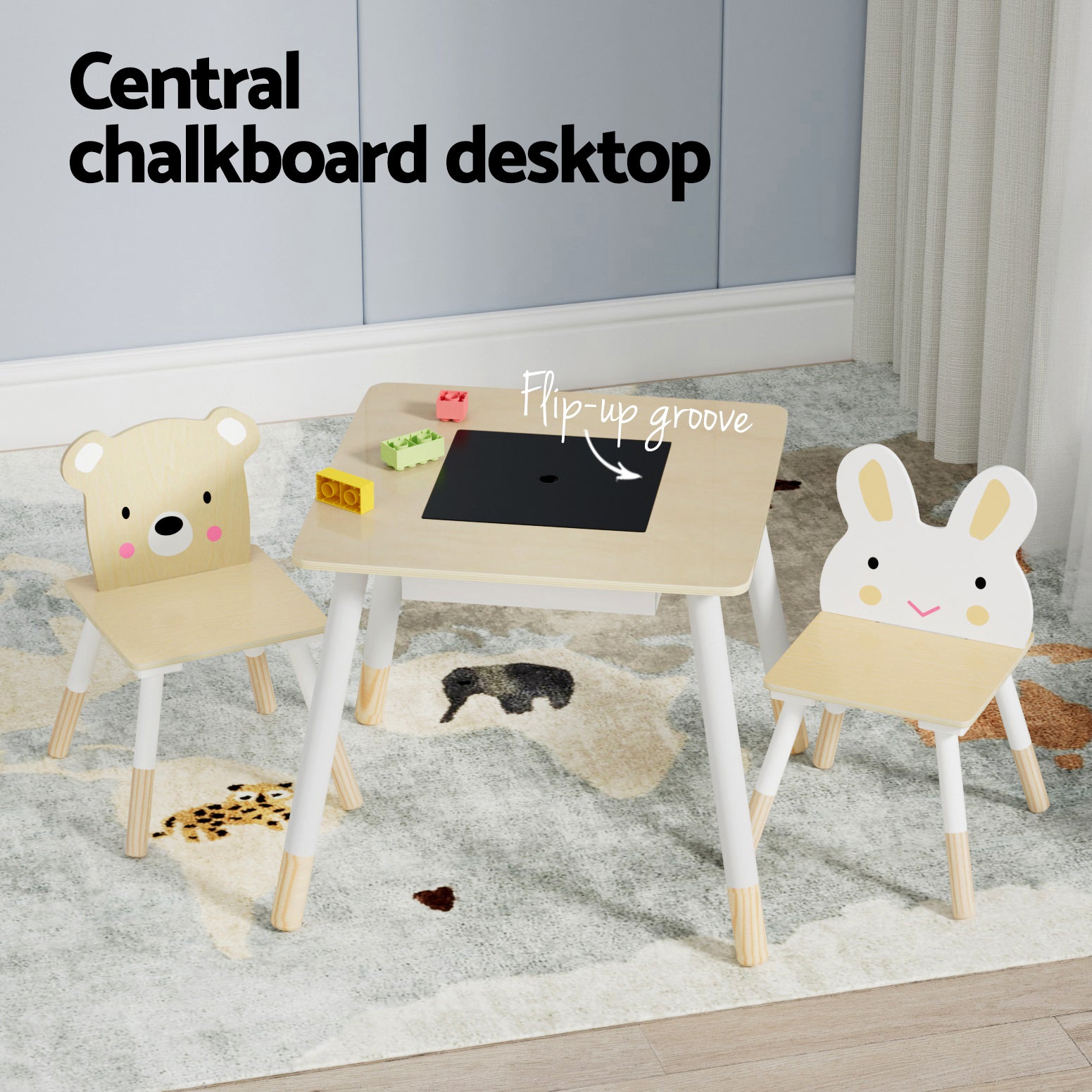 Keezi 3PCS Kids Table and Chairs Set Activity Desk Chalkboard Toy Hidden Storage 4