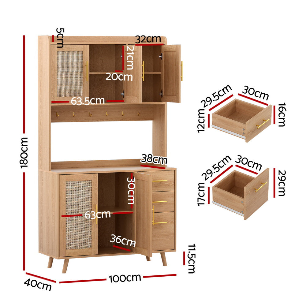 Artiss Buffet Sideboard Hutch Storage Cabinet Kitchen Cupboard Hooks Rattan Pine 3
