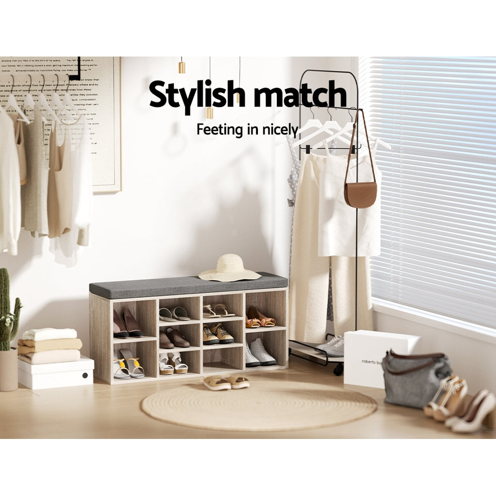 Artiss Shoe Rack Cabinet Shoe Bench Fabric Seat Pine BOA 5