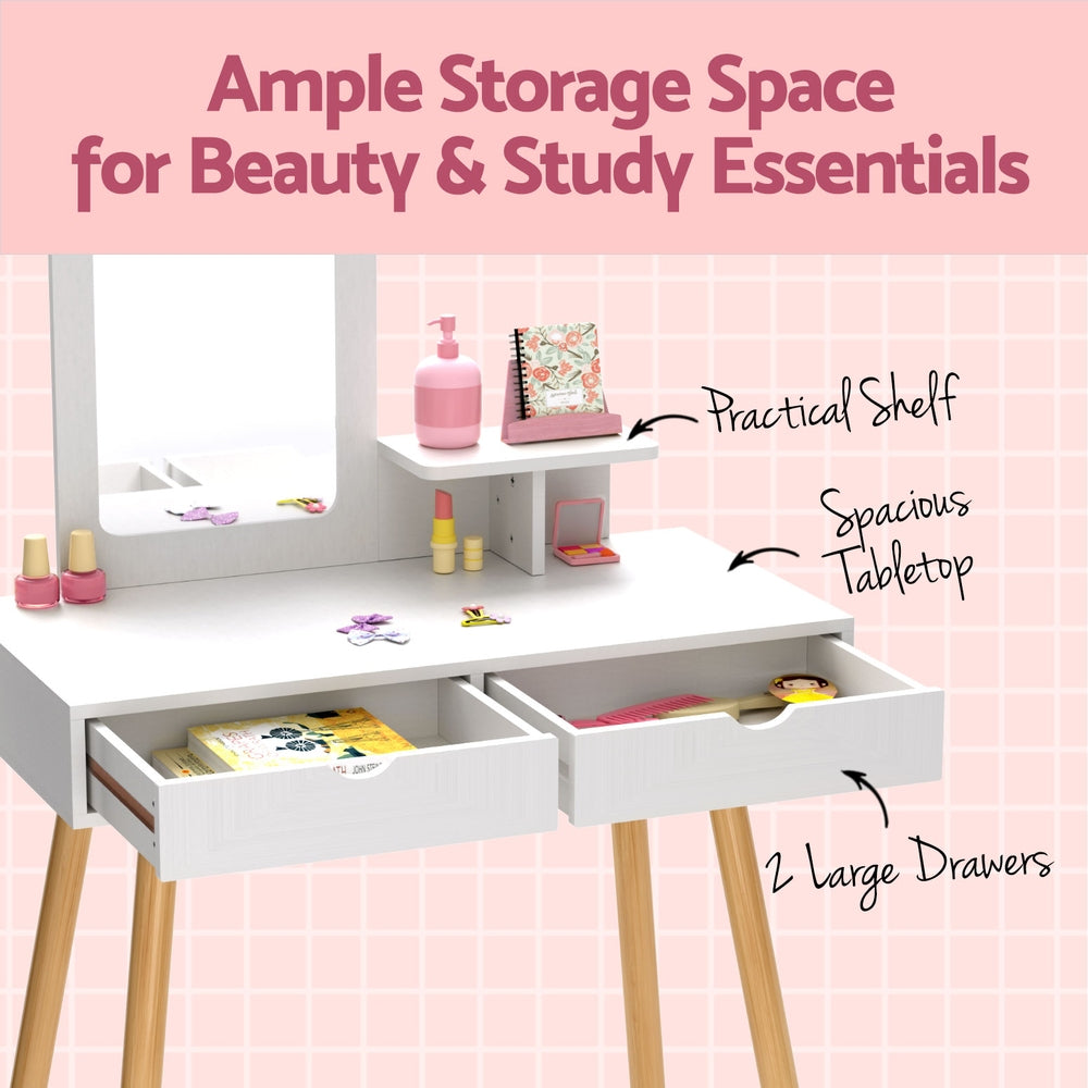 Keezi Kids Dressing Table Vanity Makeup Chair Set with Mirror Drawers Wooden Legs 7